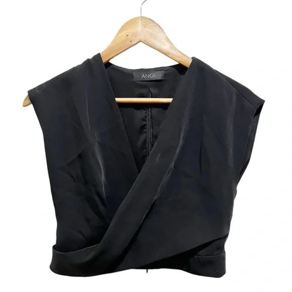ANGL Black Wrap Vest Top Y2K Minimalist‎ Sleeveless Cropped Blouse Small